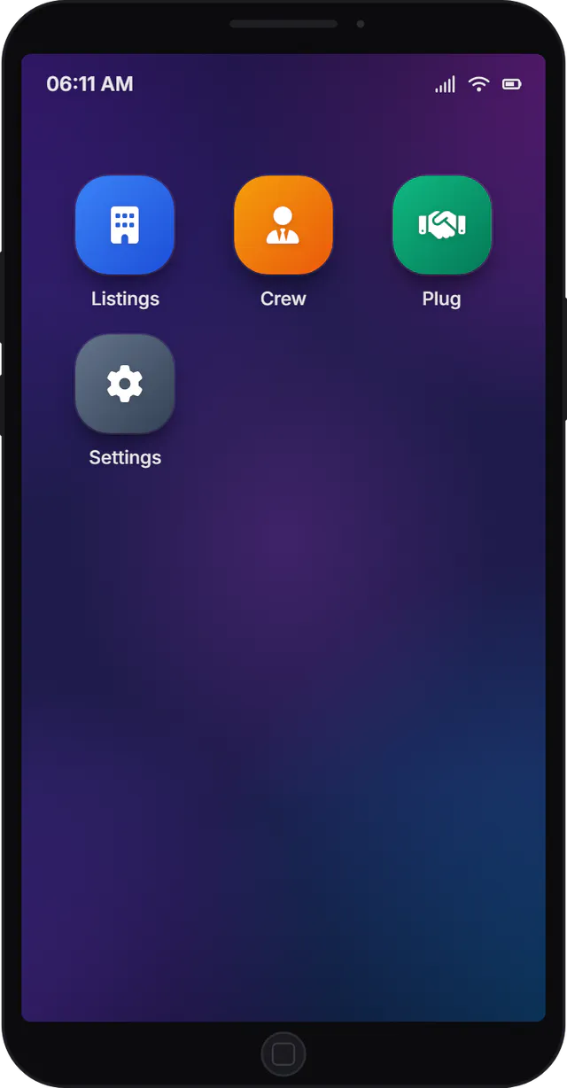 Trap phone home screen with a clock and Listings, Crew, Plug and Settings app icons.