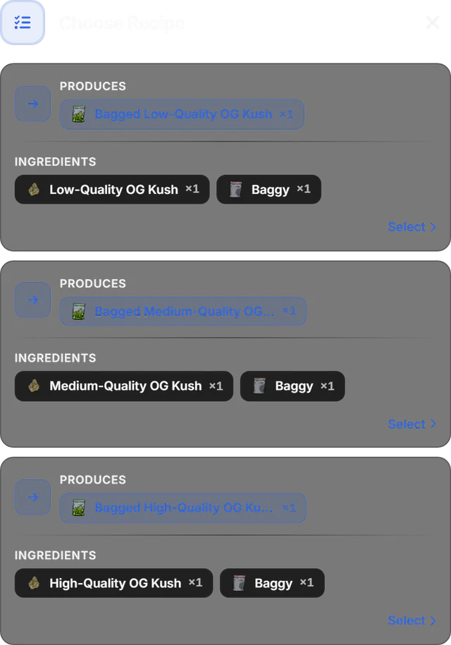 Bagging table Choose Recipe panel listing three bagging recipes with their ingredient quantities and the script's item icons.