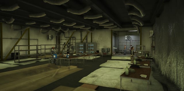Drug lab interior with several NPCs at equipment and shelving.