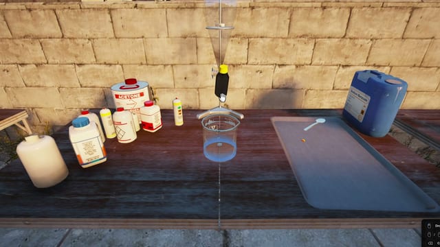 A clear liquid drips from a funnel into a beaker on a cooking table lined with chemical containers, then a Heat Control panel opens on the left.