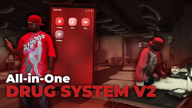 Two characters in a drug lab beside the trap phone home screen with Listings, Crew, Plug and Settings apps.