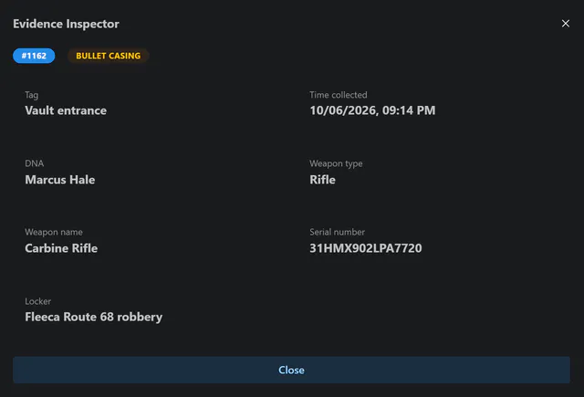 Evidence Inspector text view for bullet casing #1162 with tag, time collected, DNA, weapon type, weapon name, serial number and locker.