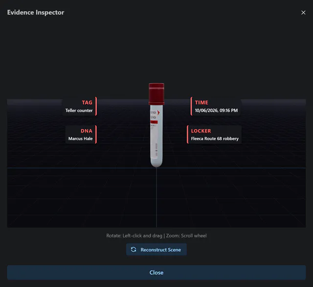 Evidence Inspector showing a 3D blood sample tube on a grid with Tag, Time, DNA and Locker labels, rotate and zoom hints and a Reconstruct Scene button.