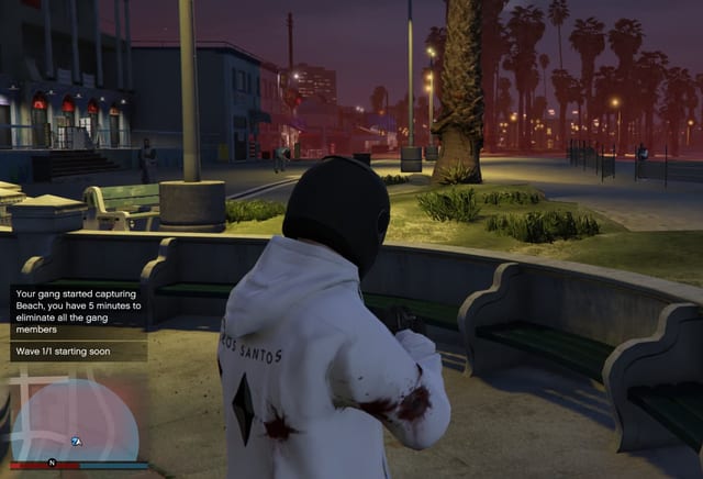Masked player at a beach promenade at dusk with the capture notification and a minimap.