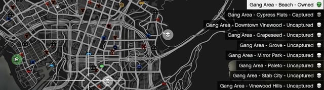 Map with area blips beside the list of gang areas and their Owned, Captured or Uncaptured status.