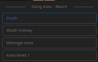 Gang Area Beach menu with Stash, Wash money, Manage area and Area level 1 entries.