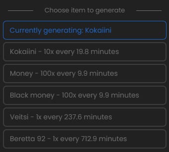 Choose item to generate menu listing items with their generation rates, such as Money 100x every 9.9 minutes, with one item currently generating.