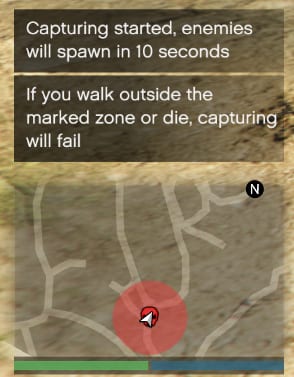Notification that capturing started and enemies spawn in 10 seconds, with a warning that leaving the zone or dying fails the capture, above a minimap with a red zone.