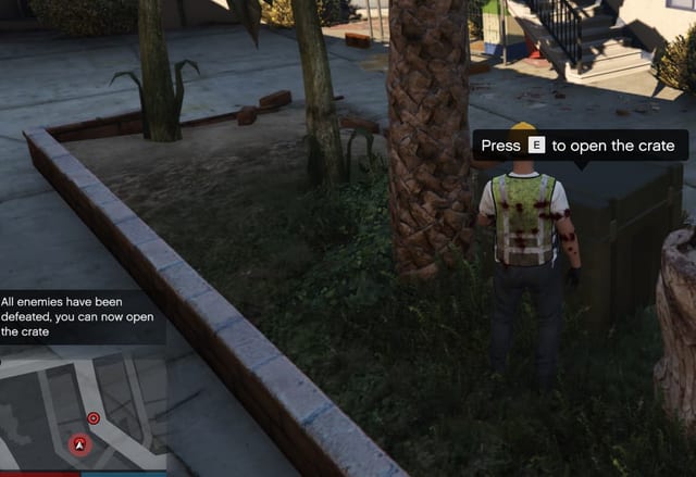 Player beside a crate with the prompt "Press E to open the crate" and a message that all enemies have been defeated.