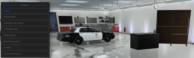 Garage - 1 menu with Leave, Kick players, Change lock status, Change code, Add access, Remove access, Furnish and Remove furniture, over a garage interior with a police car.