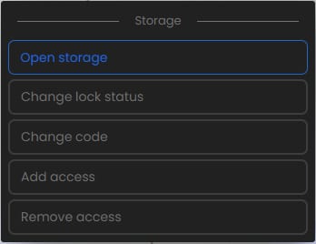 Storage menu with Open storage, Change lock status, Change code, Add access and Remove access.