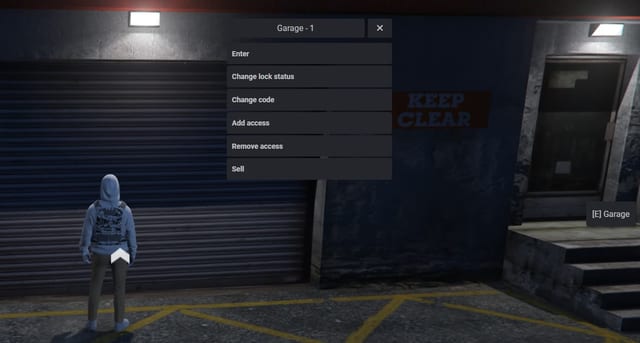 Garage - 1 menu outside a garage door with Enter, Change lock status, Change code, Add access, Remove access and Sell, and an "E Garage" prompt.