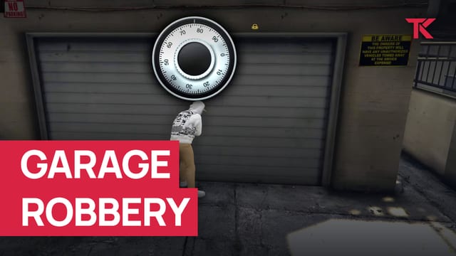 Hooded player at a closed garage door with a combination-lock dial on screen above them.