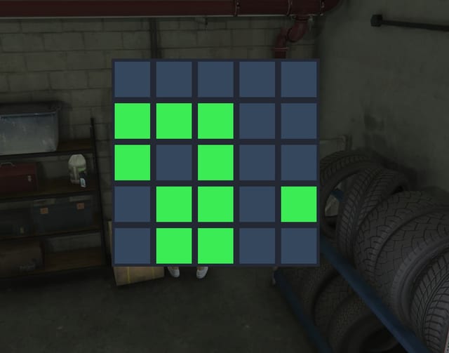 Five-by-five grid minigame with several green squares overlaid on a garage interior.