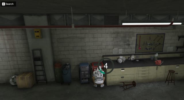 Player crouched at a workbench with a circular progress indicator showing 4 and the prompt "E Search".