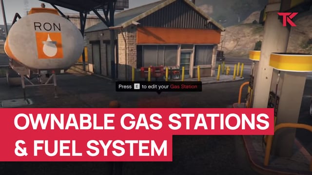 Player at a gas station beside a Ron fuel tank, the station shop and a pump, with the prompt "Press E to edit your Gas Station" above a red marker.