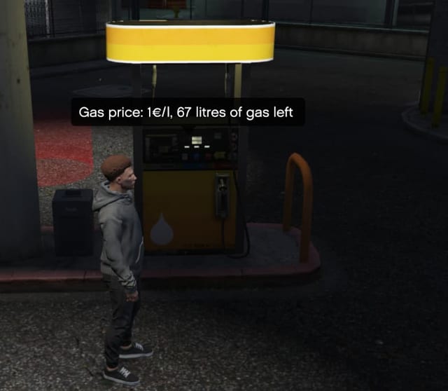 Player at a fuel pump with the text "Gas price: 1 euro per litre, 67 litres of gas left".