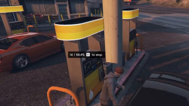Player at a yellow fuel pump beside a dark car with the prompt "1€ / 68.4% E to stop", and a red car parked at the pump behind.
