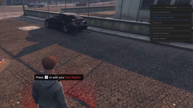 Player on a red marker beside an El Burro Heights station menu: Buy gas, Change gas price, Money, Rename, Transfer ownership and Sell Gas Station.