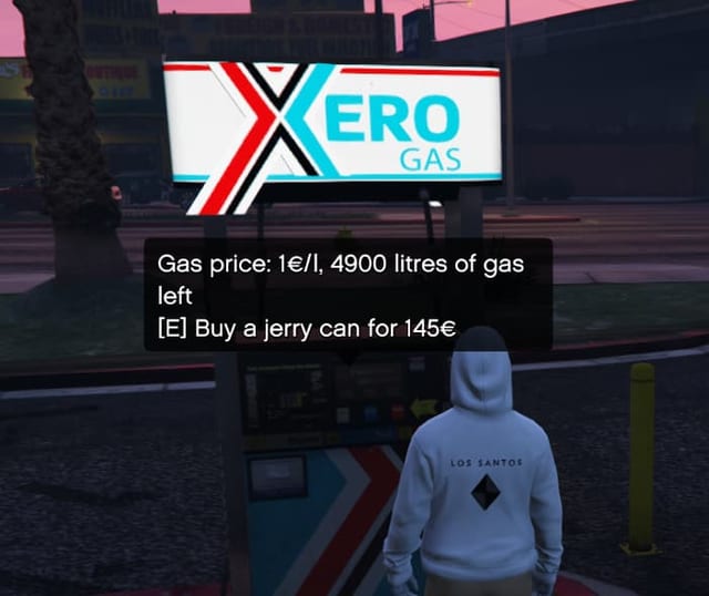 Player at a pump under a Xero Gas sign with the text "Gas price: 1 euro per litre, 4900 litres of gas left" and "[E] Buy a jerry can for 145 euros".