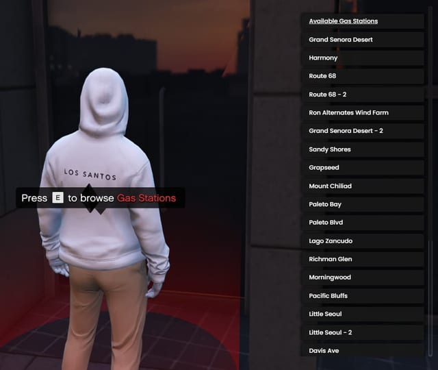 Player on a red marker with the prompt "Press E to browse Gas Stations" and a scrolling list of available gas stations.