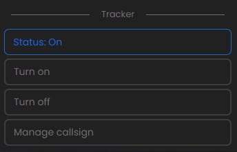 Tracker menu with Status On, Turn on, Turn off and Manage callsign entries.