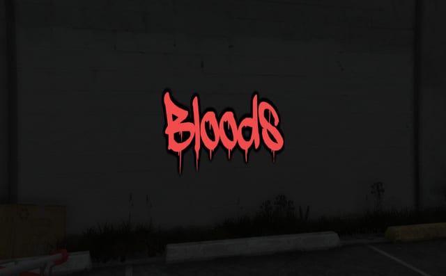 Red dripping-style graffiti text reading Bloods on a dark wall in the game world.