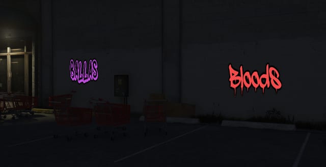 Two graffiti texts on a wall, Ballas in purple and Bloods in red, beside shopping carts.