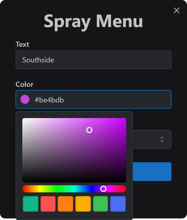 Spray Menu with a colour picker open: a saturation field, a hue slider and six colour swatches.