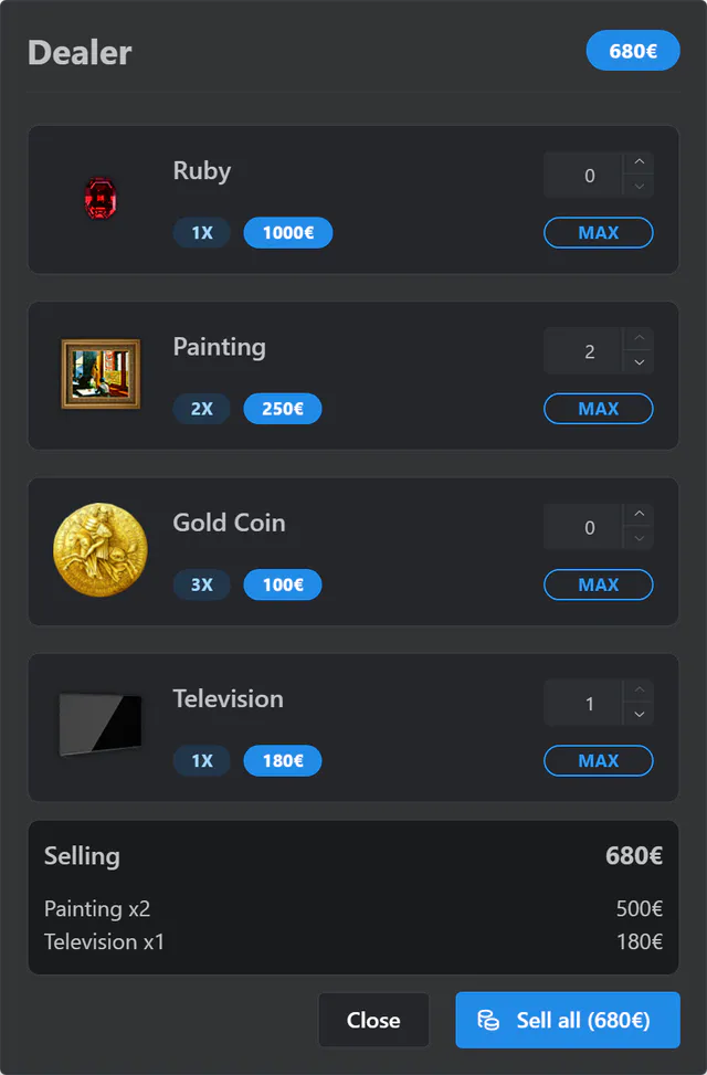 Dealer sell menu listing a ruby, paintings, gold coins and a television with owned counts, prices and amount steppers, a selling summary and a Sell all button.