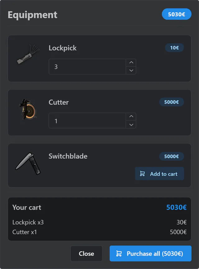 Equipment shop listing a lockpick, a cutter and a switchblade with prices and a cart holding three lockpicks and one cutter with a Purchase all button.