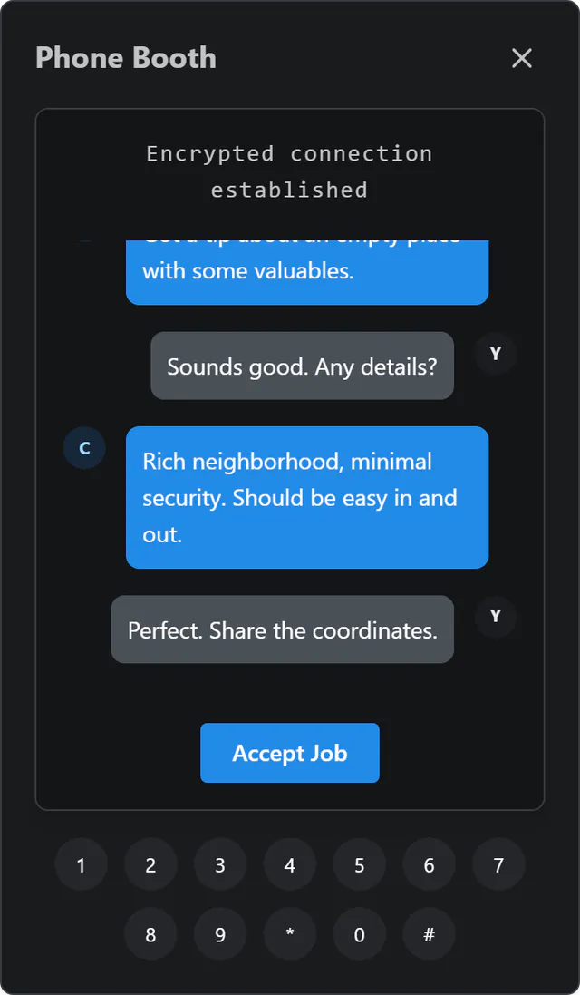 Phone booth screen with an encrypted connection message, a short conversation with a contact, an Accept Job button and a keypad below.