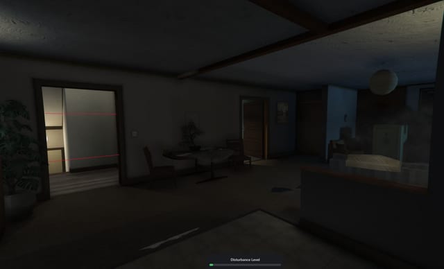 Dark house interior with red laser lines across a doorway, a safe and a Disturbance Level bar at the bottom.