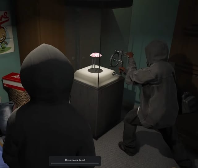Two hooded characters beside a display case holding a pink gem, one turning a hand crank, with a Disturbance Level bar.