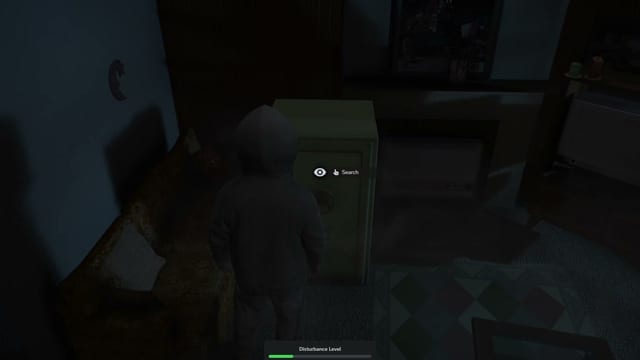 A hooded player in an animal mask works a safe-dial lockpick in a dark house, then walks through to a kitchen, with a Disturbance Level bar at the bottom of the screen.