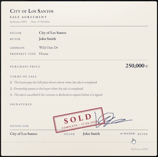 City of Los Santos sale agreement for a house on Wild Oats Dr to John Smith, with the purchase price, three terms of sale and a red SOLD stamp.