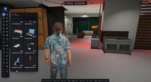 Player standing in an apartment beside a furniture browser with categories, items and prices, plus build-mode placement controls.