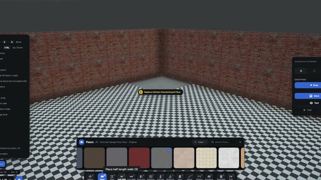 Shell Creator on a checkered floor inside a brick room: interior walls, a doorway opening and pillars are placed, with material and wall-piece toolbars along the bottom.