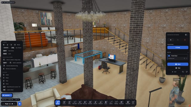 In-game loft with a selected, outlined table, a shell-builder toolbar, camera and gizmo keybinds, exit controls and Save and Test buttons.