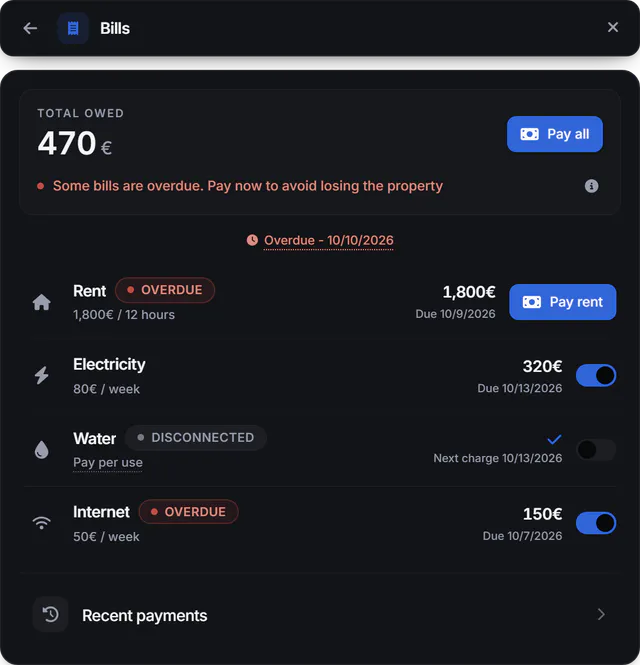 Bills panel with the total owed, an overdue warning, rent, electricity, water and internet rows with amounts, due dates and toggles, and a Recent payments link.