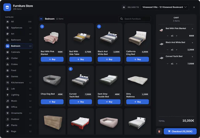 Furniture Store with a catalog of categories, a Bedroom grid of beds rendered as 3D props with prices and Buy buttons, a delivery address and a cart with a checkout total.