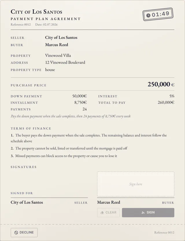 Paper-style payment plan agreement for a house with seller, buyer, purchase price, down payment, interest, instalments, terms of finance and a signature box.