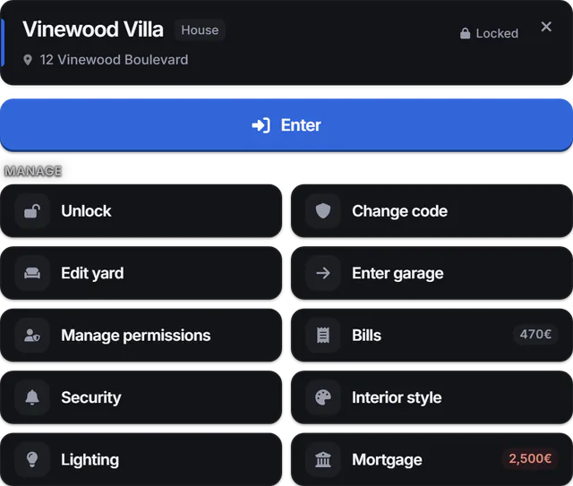 Property door panel for Vinewood Villa, locked, with an Enter button and manage actions for unlock, change code, yard, garage, permissions, bills, security, interior style, lighting and mortgage.