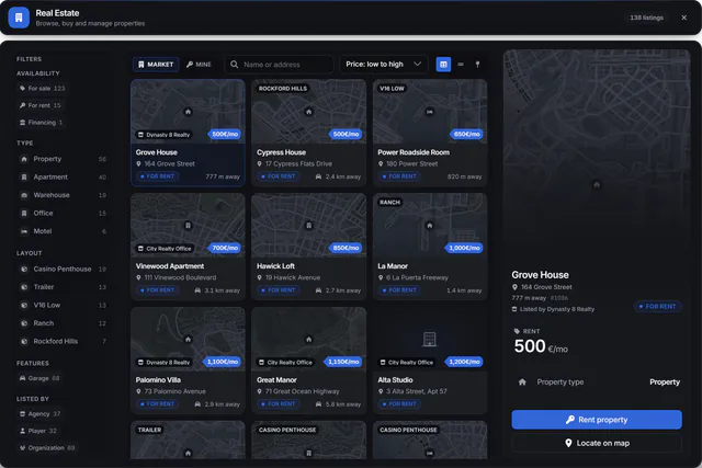 Real Estate market with availability, type, layout and feature filters, a grid of rental listings with map-tile images, prices and distances, and a selected Grove House with Rent property and Locate on map buttons.