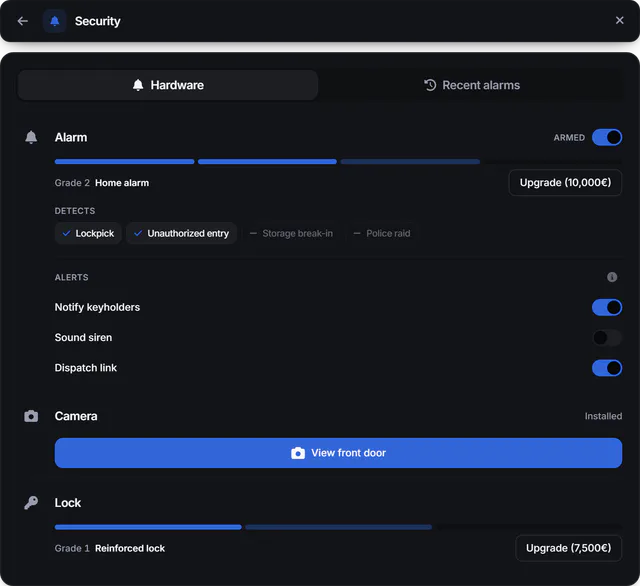 Security panel with an armed grade 2 home alarm and what it detects, alert toggles, an installed camera with a View front door button and a grade 1 reinforced lock with upgrade buttons.