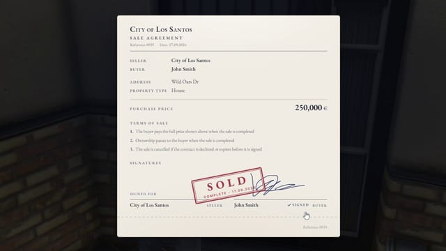 Sale agreement from the City of Los Santos to John Smith for a house on Wild Oats Dr at a purchase price of 250,000 €, with three terms of sale, a signature and a red SOLD stamp.