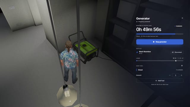 Player beside a green generator and its Generator panel: Property powered, Running, a Black Boombox outlet at 90 W and an Add fuel row for diesel.