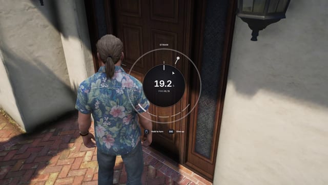 Player at a wooden front door behind a round lockpicking dial that reads 19.2 s and Pins 0 / 5 under the word Strain, with the hints Hold to turn and Give up.