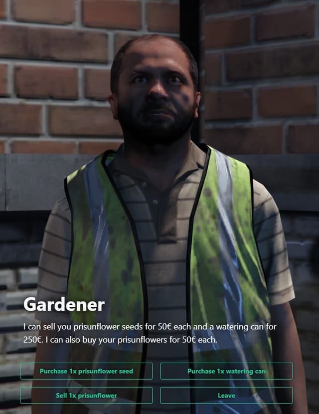 Gardener NPC dialogue with buttons to buy a "prisunflower" seed or a watering can and to sell a grown "prisunflower".