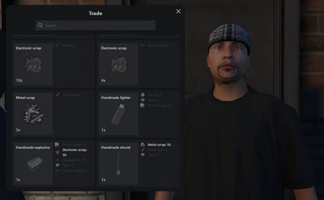 Prison trade interface beside an NPC, with scrap exchanges and the requirements for lighter, explosive and shovel items.
